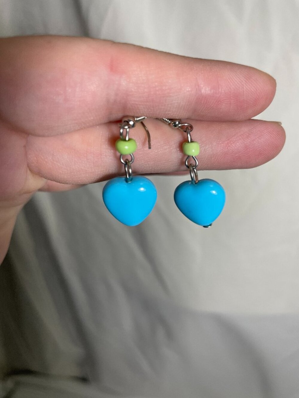 Blue Heart Dangle Earrings Green Bead Silver Tone Fishhook Y2K Style